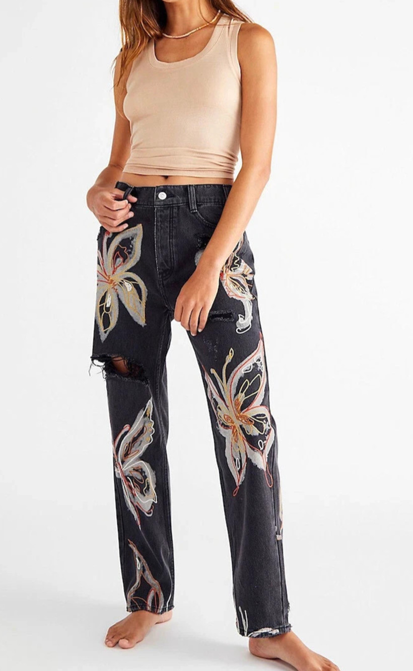 Free People Must Have! Funky Boho Butterfly Y2K Jeans Size 30 A010615